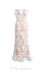 Flowering Girl Women 3D flower embroidery strapless midi dress in beige