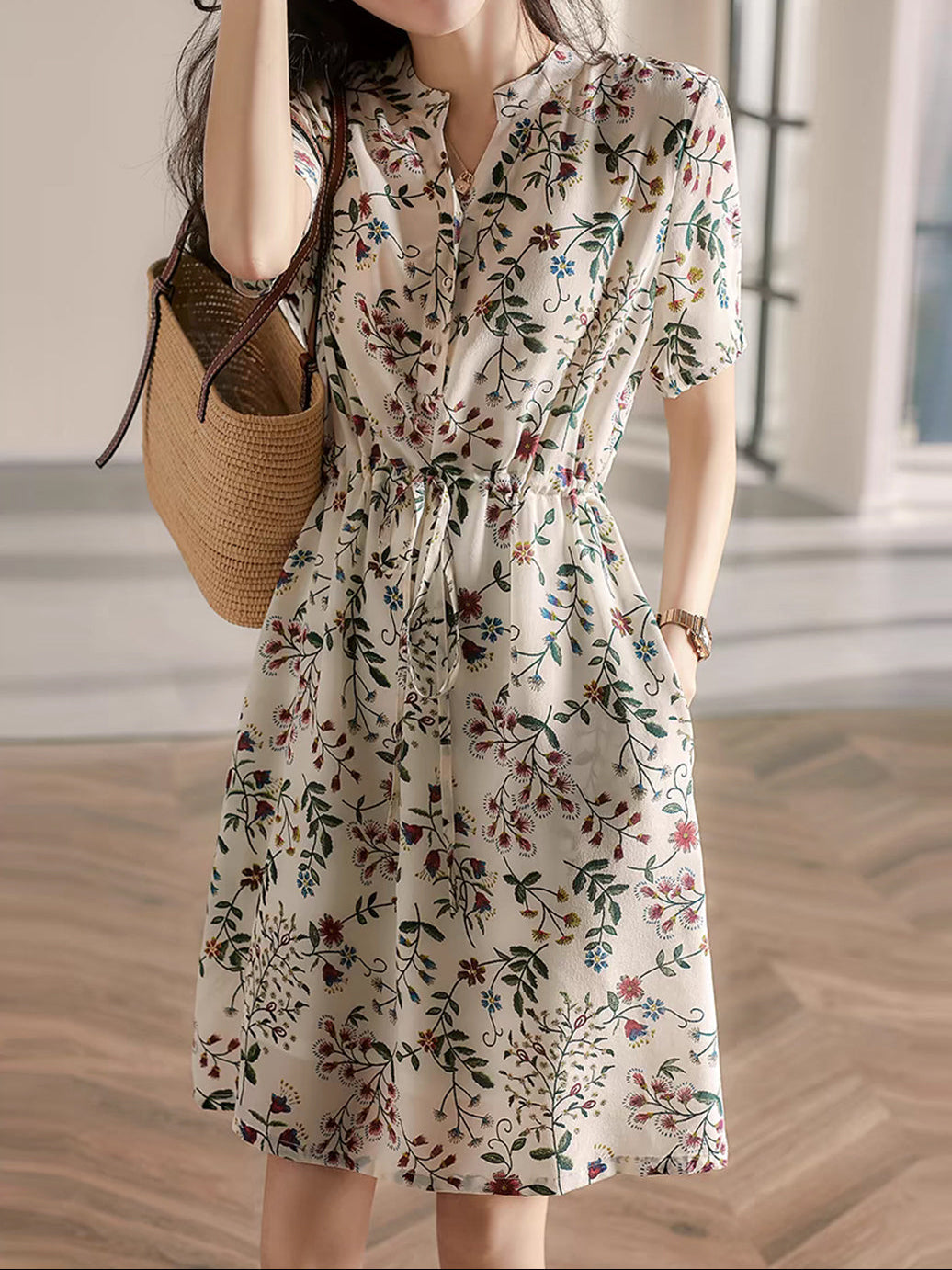 Flowering Girl Women sabrina V-Neck Printed Drawstring Chiffon Dress
