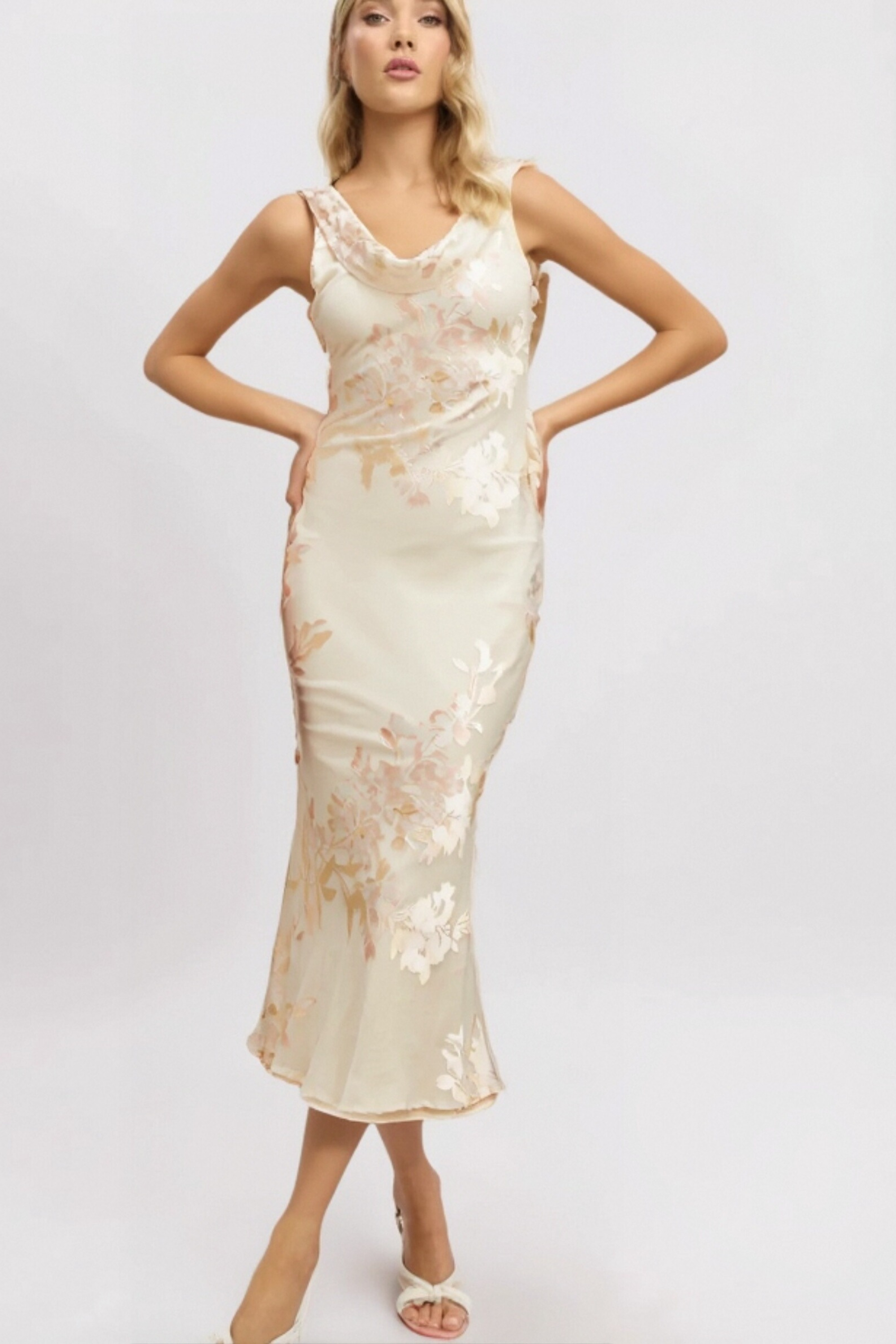Flowering Girl Women Yolanda Beige Floral-Jacquard Midi Dress