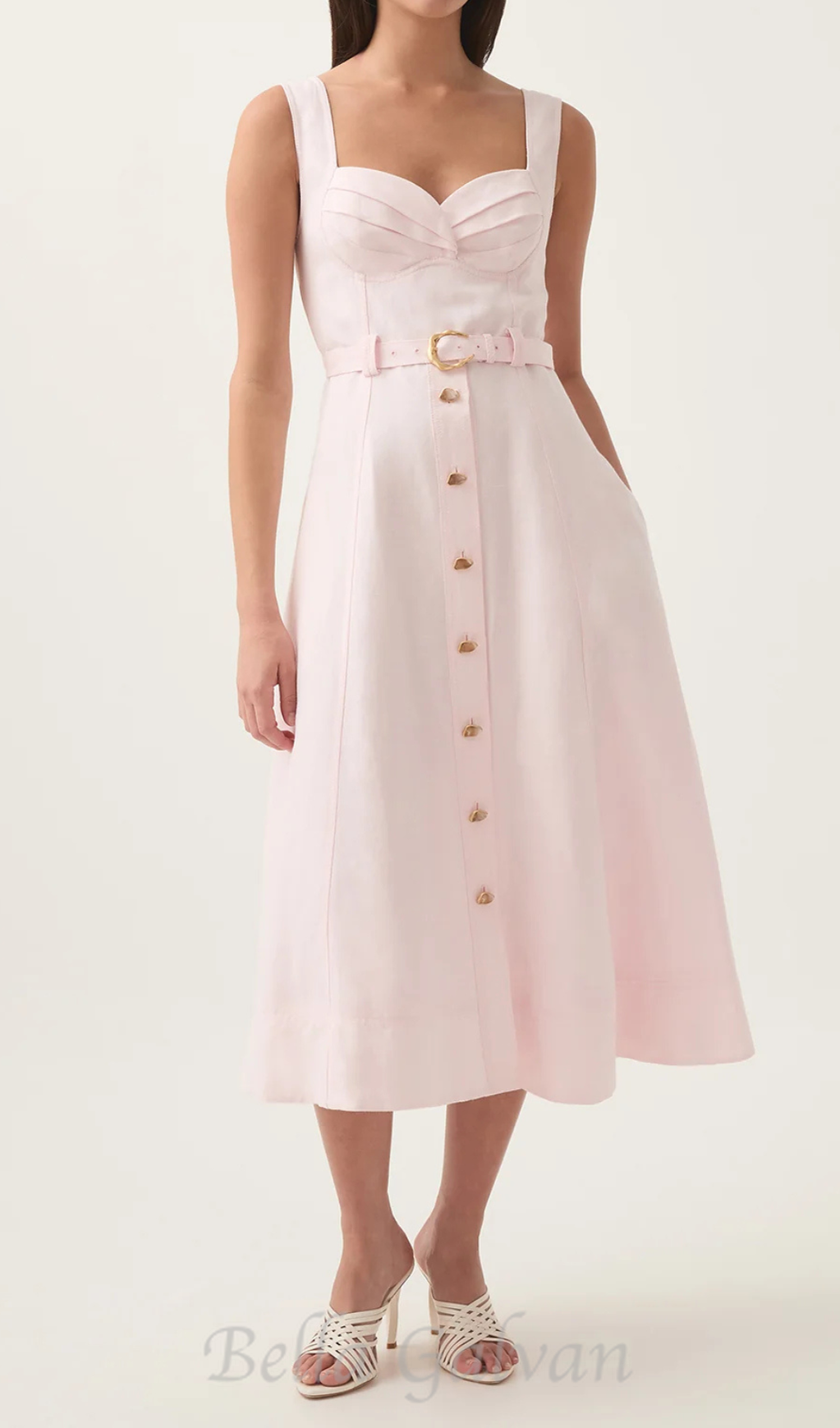 Flowering Girl Women sweetheart neckline belted midi dress in pink