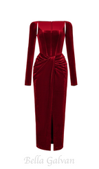 Flowering Girl Women Bordeaux Velvet Draped midi Dress