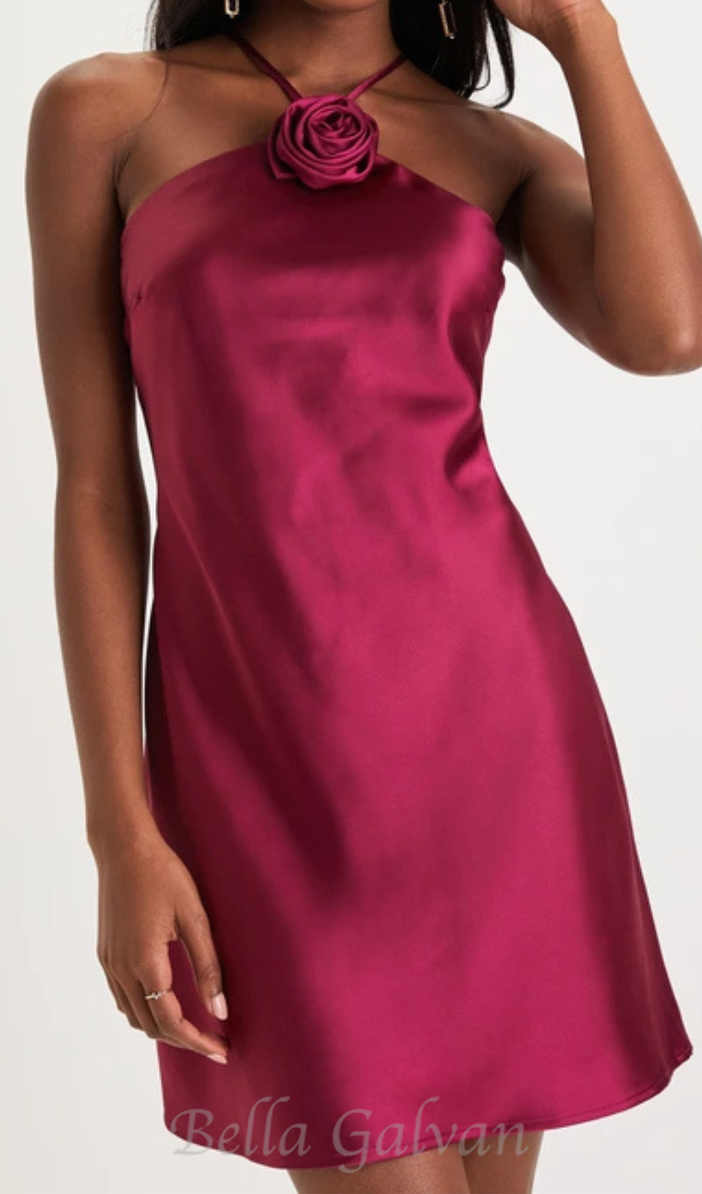 Flowering Girl Women Sweet Prose Magenta Satin Rosette Halter Neck Mini Dress