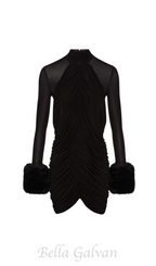 Flowering Girl Women Vevida Ruched Mesh Faux Fur Mini Dress in black