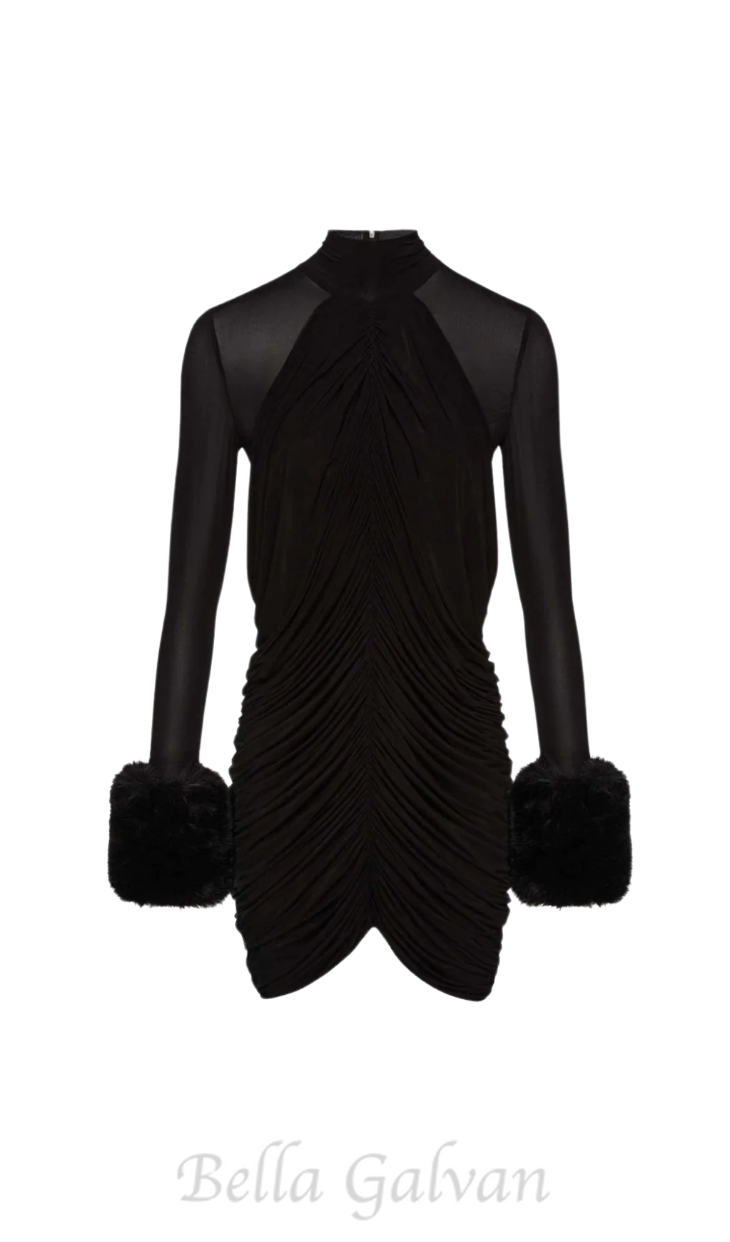 Flowering Girl Women Vevida Ruched Mesh Faux Fur Mini Dress in black