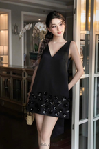 Flowering Girl Women flower sleeveless v-neck mini dress in black