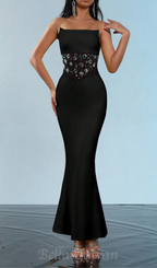 Flowering Girl Women mesh splice rhinestone decor black maxi bandage dress