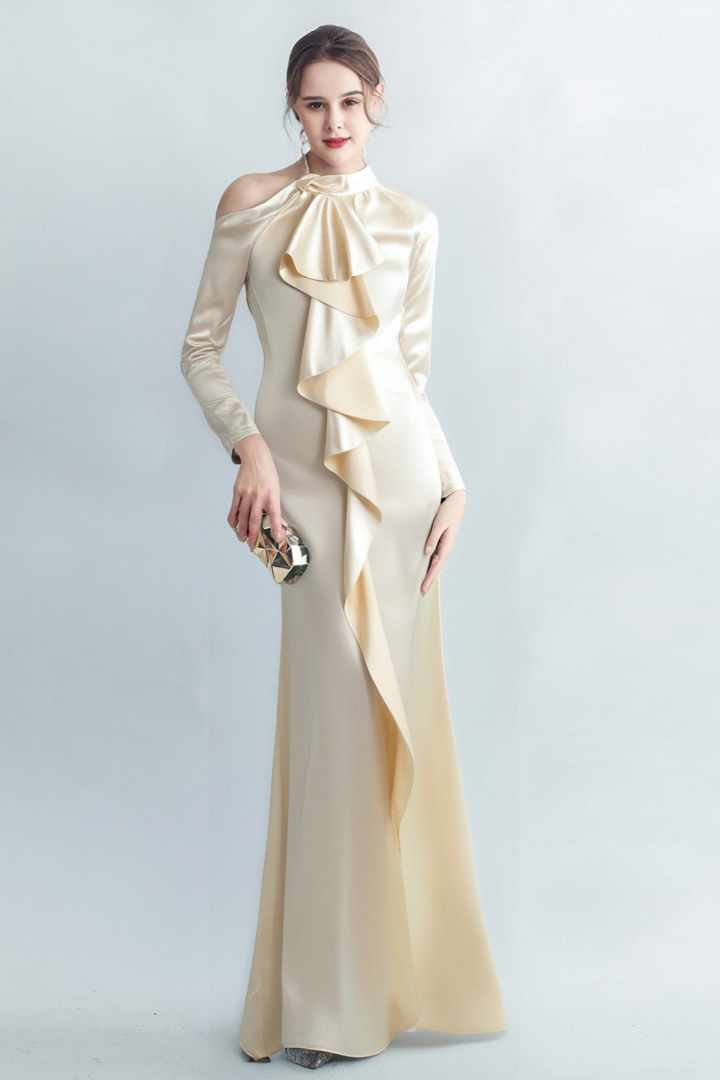 Flowering Girl Women Rae Champagne One-Shoulder Ruffle Embellished Maxi Dress