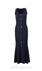 Flowering Girl Women Button-embellished ribbed-knit midi dress in navy