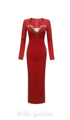 Flowering Girl Women sylvia crystal embellished long sleeve maxi dress in red