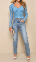 Flowering Girl Women Light Blue Lace Long Sleeve Corset Crop Top
