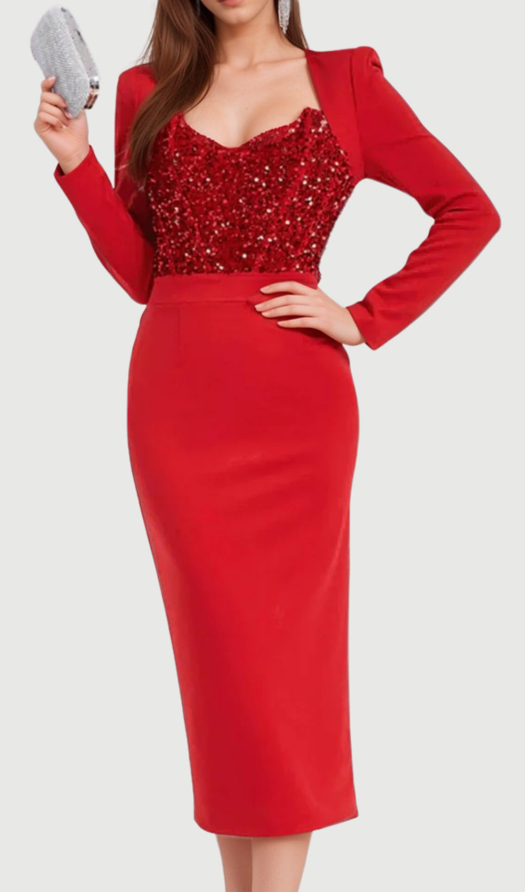 Flowering Girl Women MELISSA LONG SLEEVE PATCHWORK SEQUIN MIDI DRESS IN RED