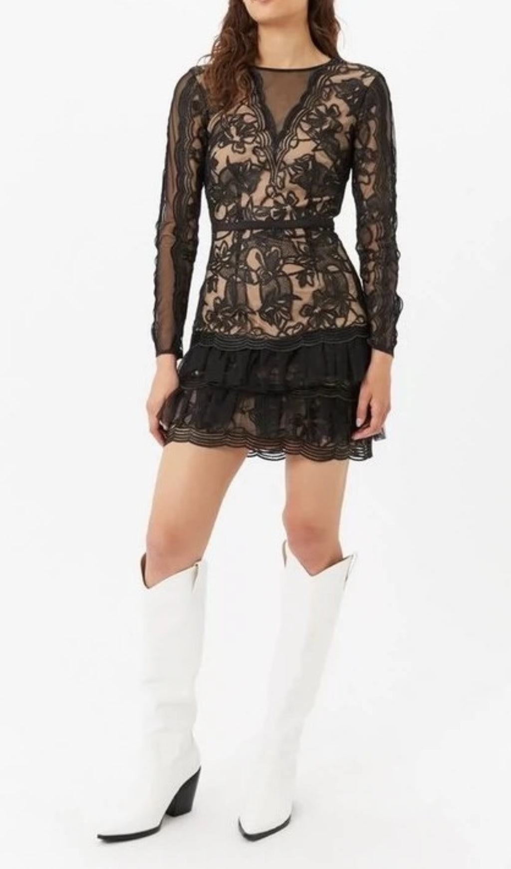 Flowering Girl Women Black Tulle Ruffle Hem Embroidered Lace Mini Dress