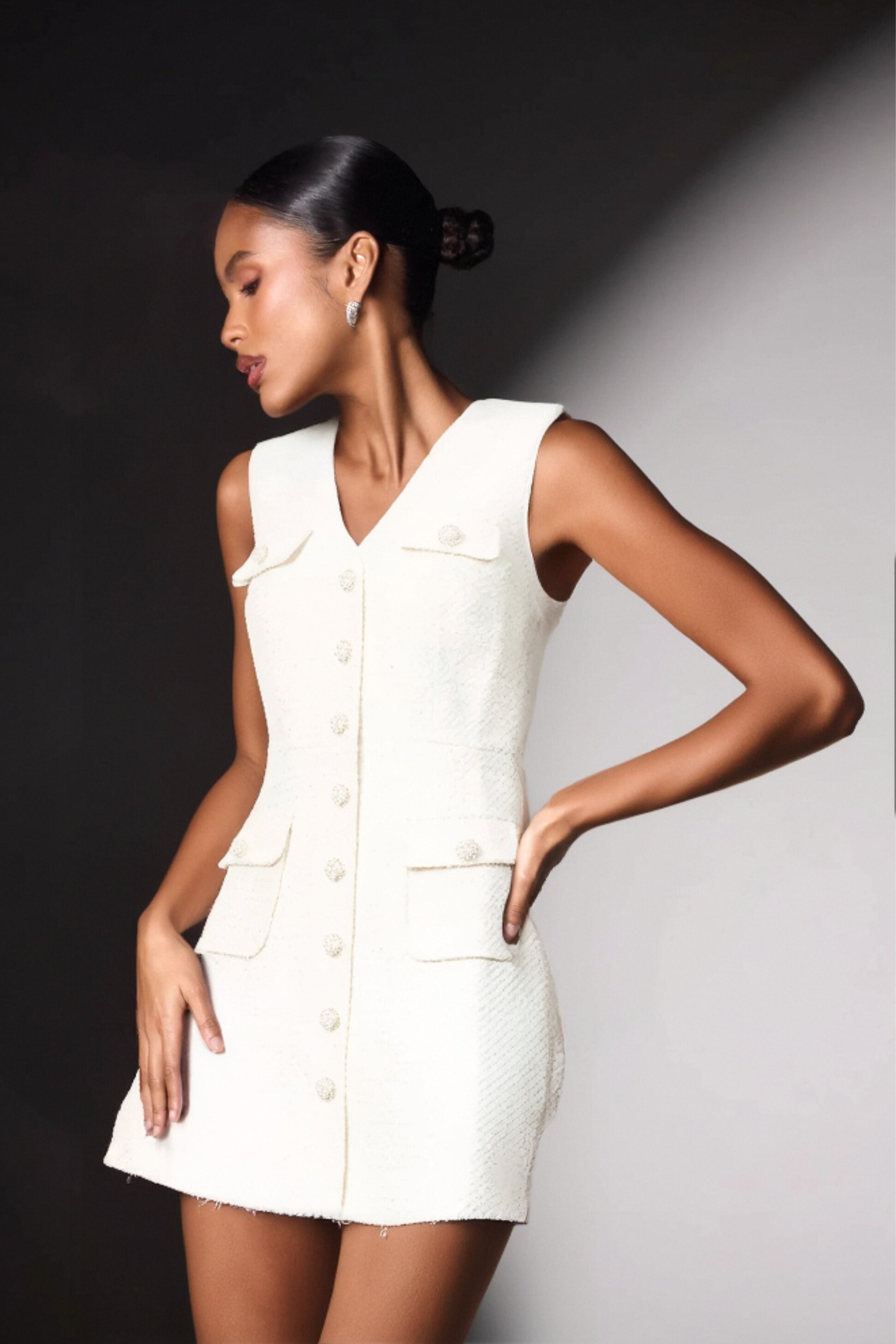 Bouclé Pearl-Buttons Knitted Mini Dress In White