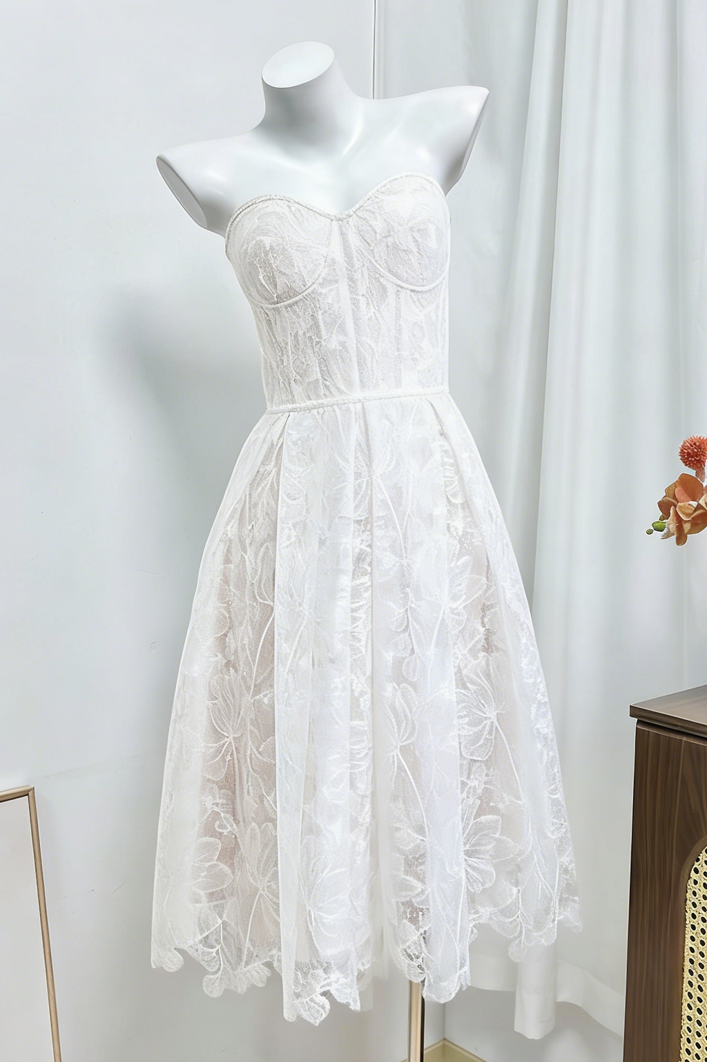 Agnens White Sexy Strapless Embroidered Lace Midi Dress