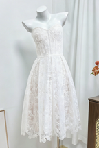Agnens White Sexy Strapless Embroidered Lace Midi Dress