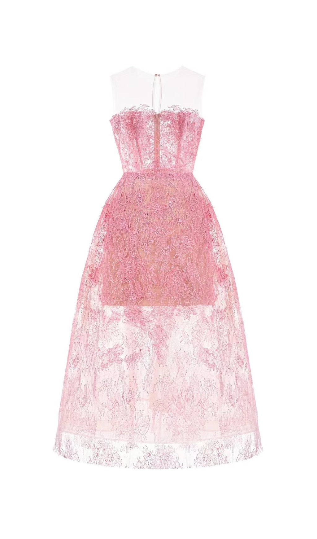 PINK FLORAL LACE EMBROIDER MIDI DRESS