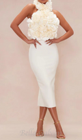 Flowering Girl Women flower bandage midi dress in white