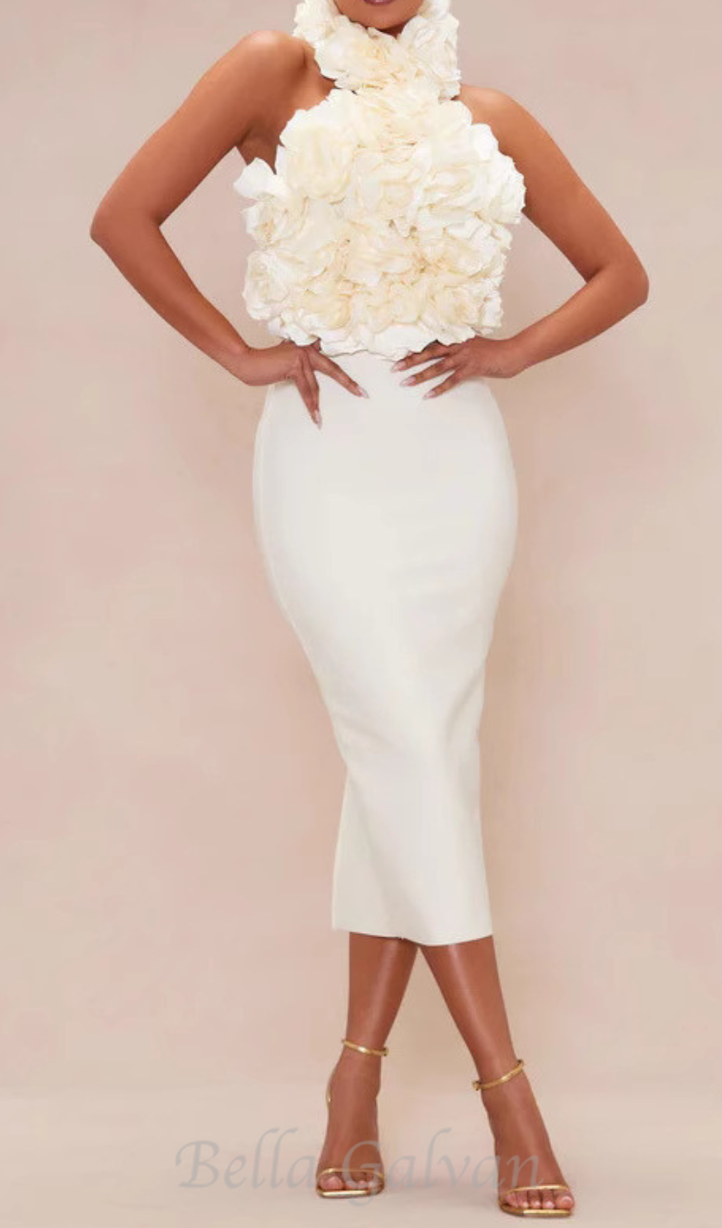 Flowering Girl Women flower bandage midi dress in white