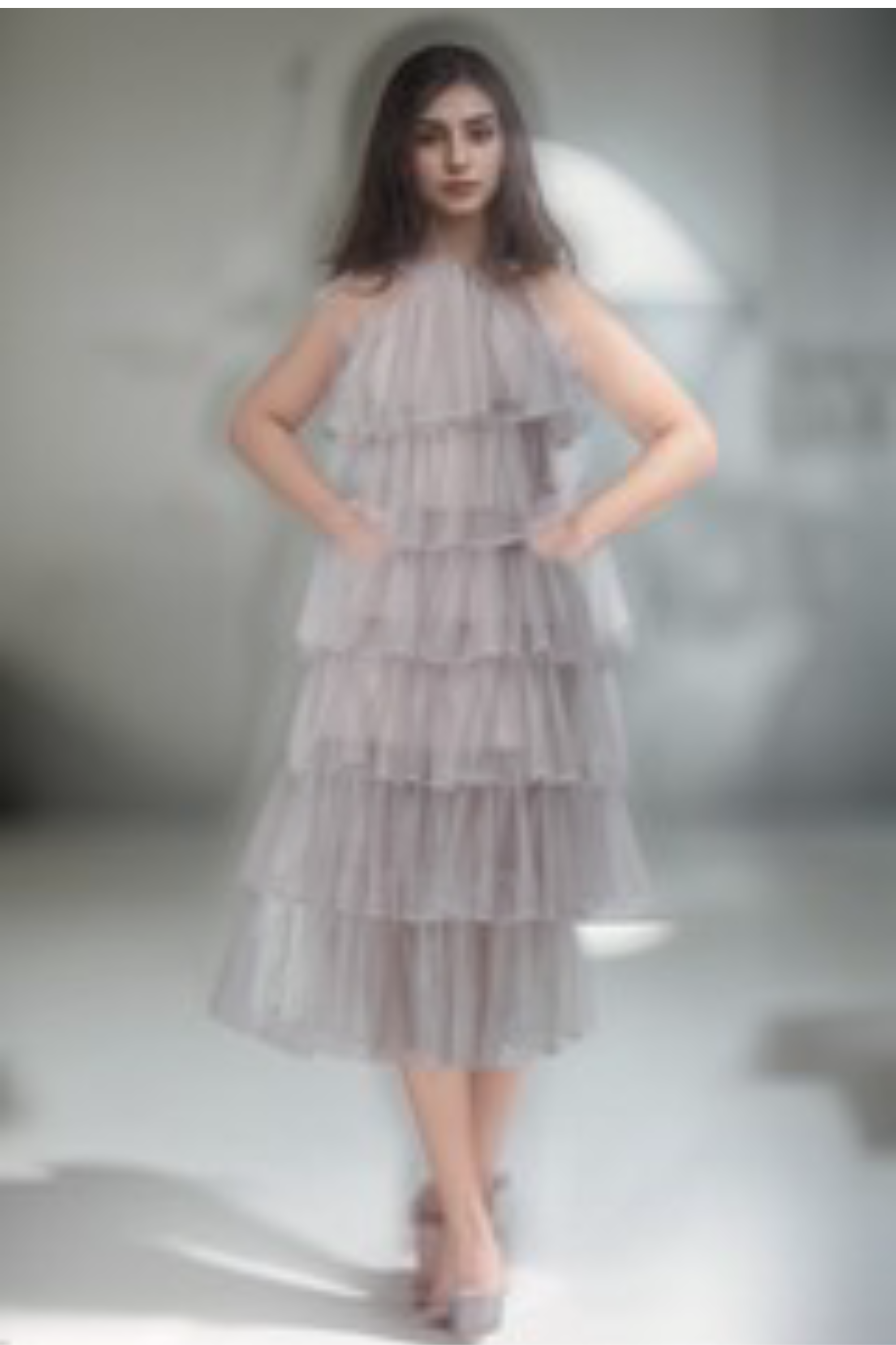 Flowering Girl Women Layered Ruffle Halter Dress With Sparkle Sheer Fabric