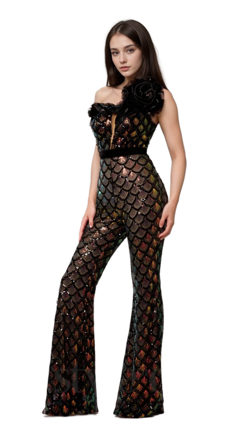 Flowering Girl Women Mermaid Scale Floral One-Shoulder Sequin Jumpsuit