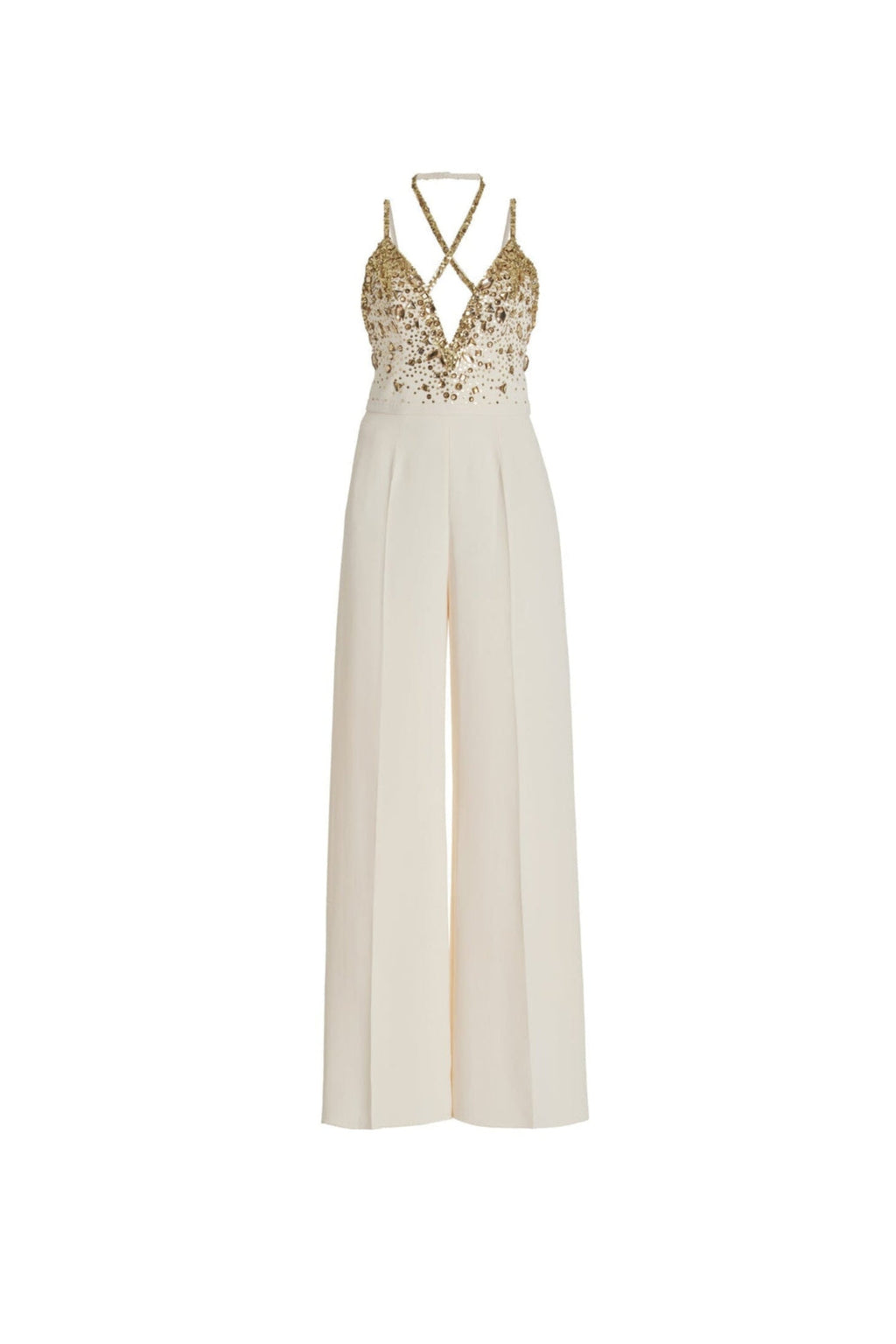 Flowering Girl Women V-Neck Sequin Halter Jumpsuit In White