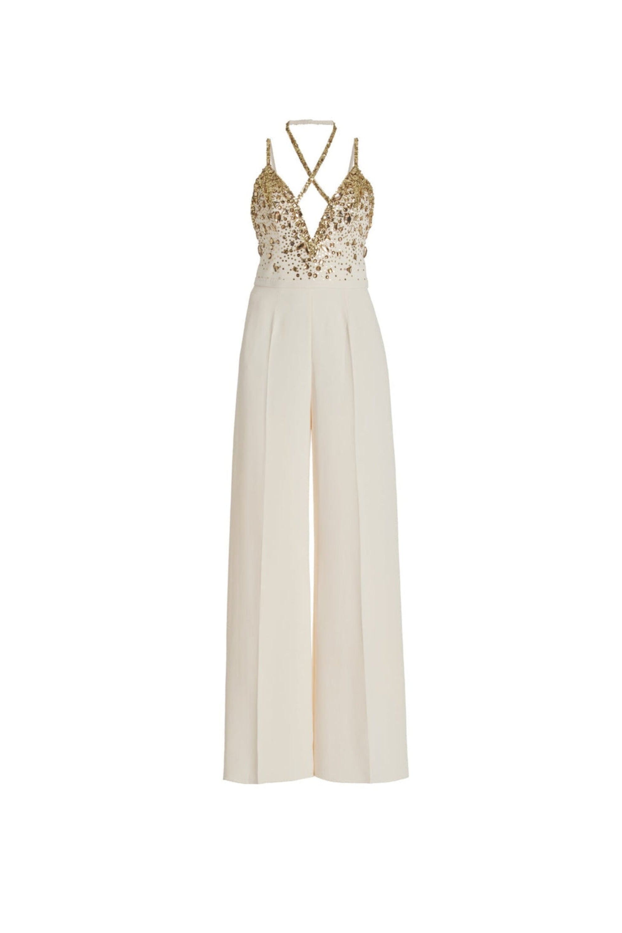 Flowering Girl Women V-Neck Sequin Halter Jumpsuit In White