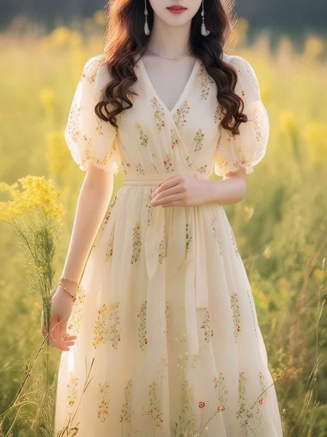 Flowering Girl Women roxanne Vacation V-Neck Puff Sleeve Floral Dress