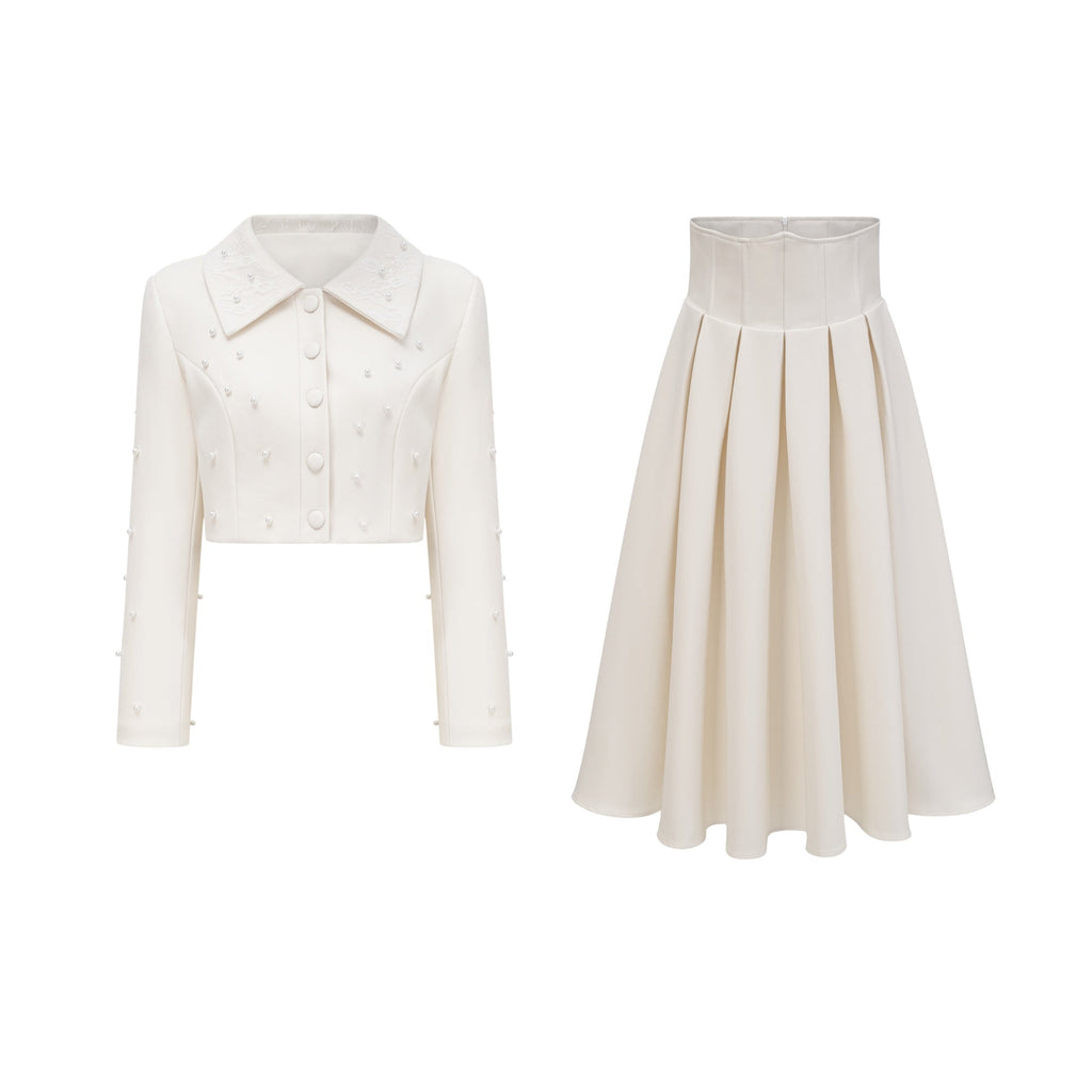 Flowering Girl Women Pearl Embellished Collar Crop Blazer &amp; High Waist Pleated Midi Skirt Two Piece Set