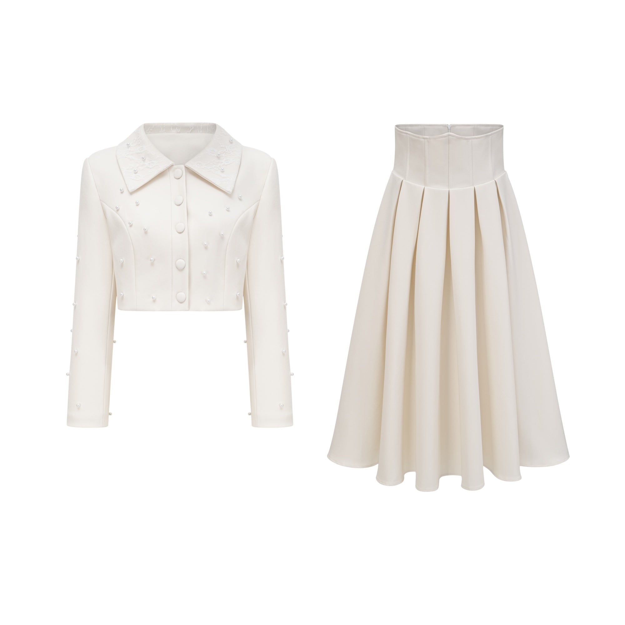 Flowering Girl Women Pearl Embellished Collar Crop Blazer &amp; High Waist Pleated Midi Skirt Two Piece Set
