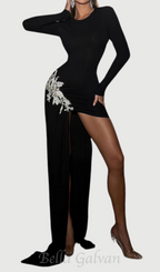Flowering Girl Women Okama Long Sleeves Diamond Bandage Mini Dress in black