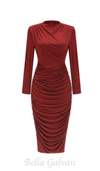 Flowering Girl Women Diamond embellished pleated Midi Dress in merlot