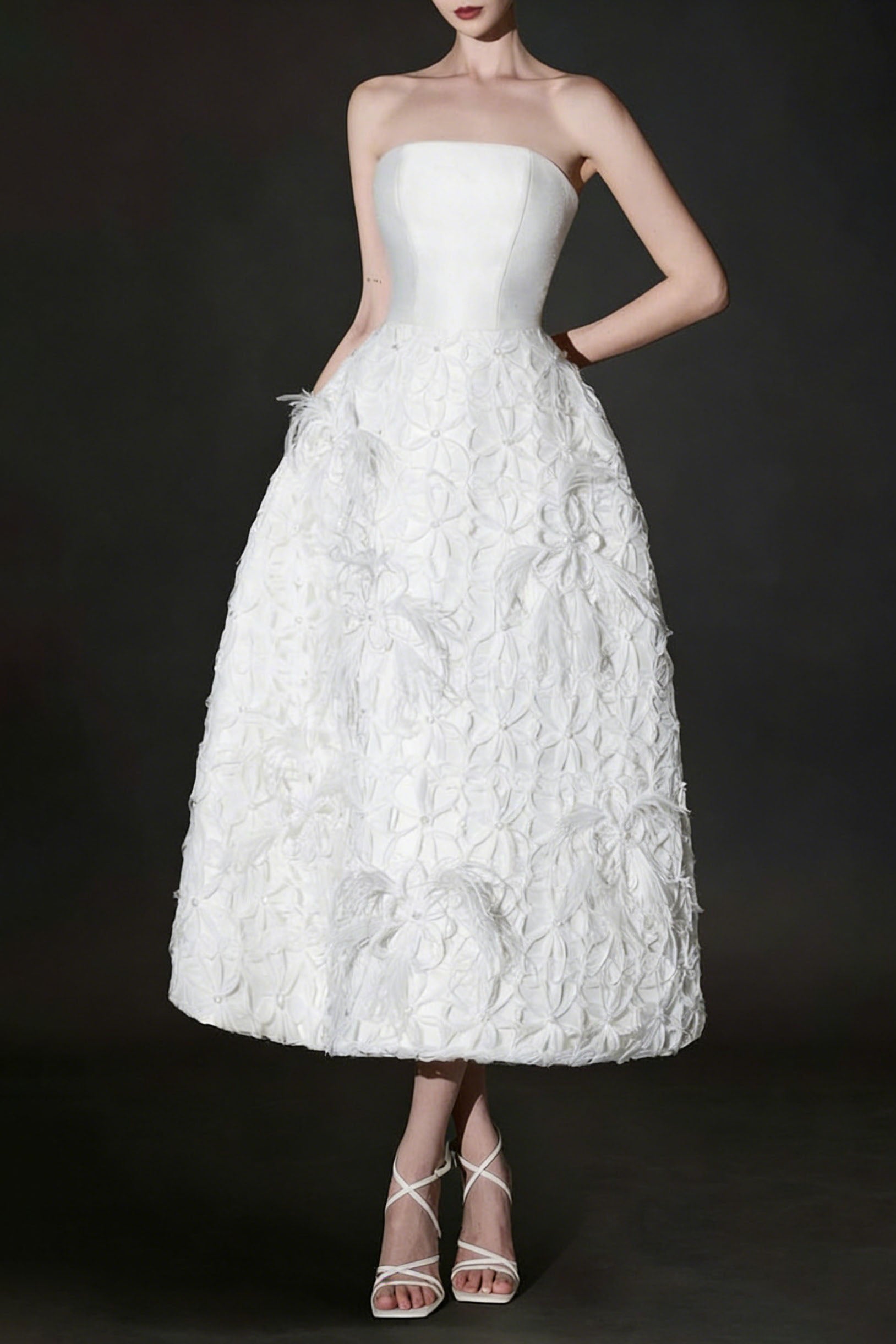 Flowering Girl Women White Floral Embellished Strapless Midi Dress