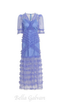 Flowering Girl Women v-neckline tiered mesh gown in blue