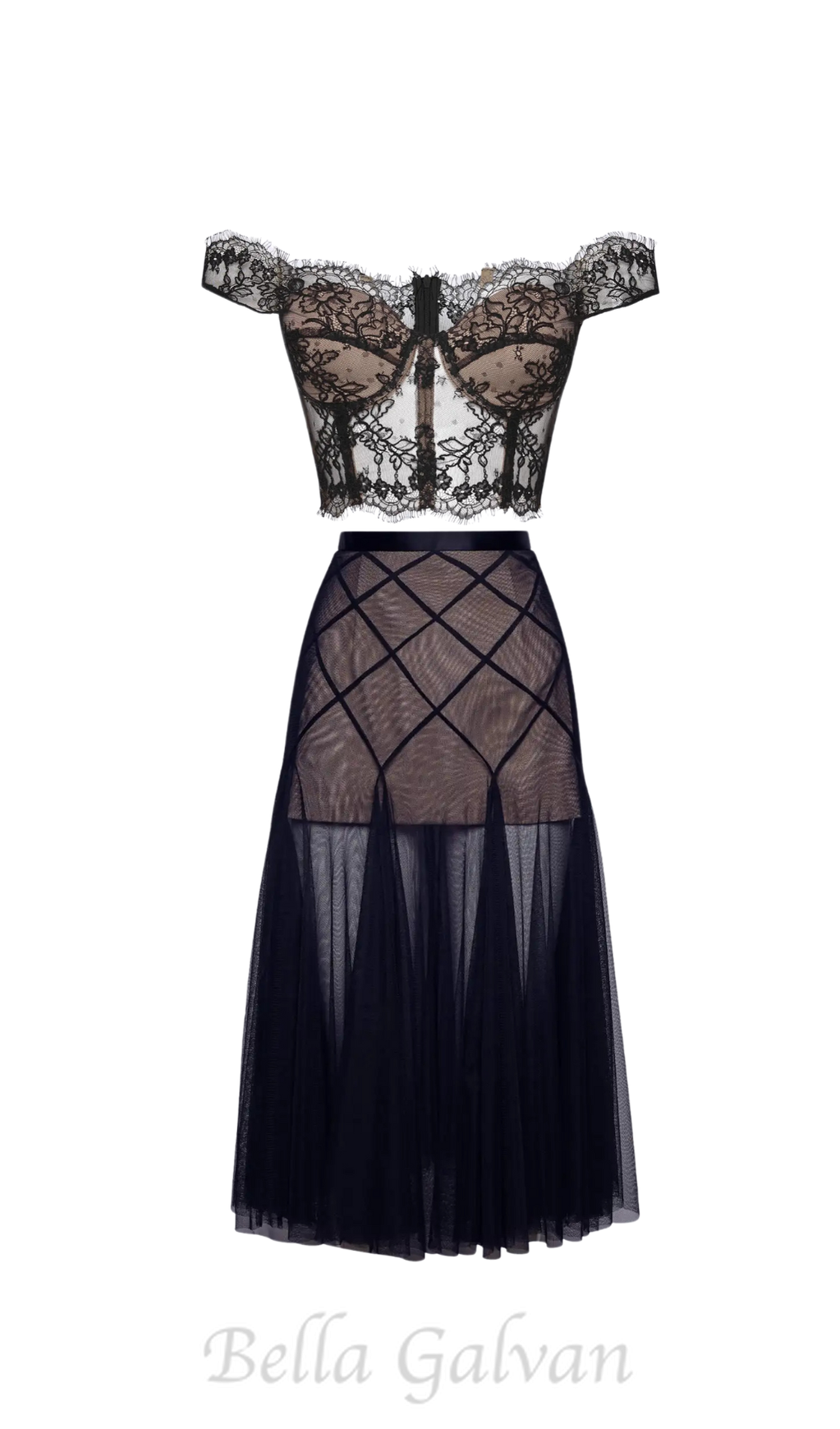 Flowering Girl Women floral dentelle off-shoulder bustier corset net skirt set