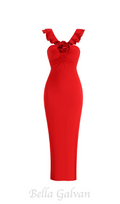 Flowering Girl Women floral ruffle trim halter midi dress in red