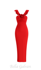 Flowering Girl Women floral ruffle trim halter midi dress in red