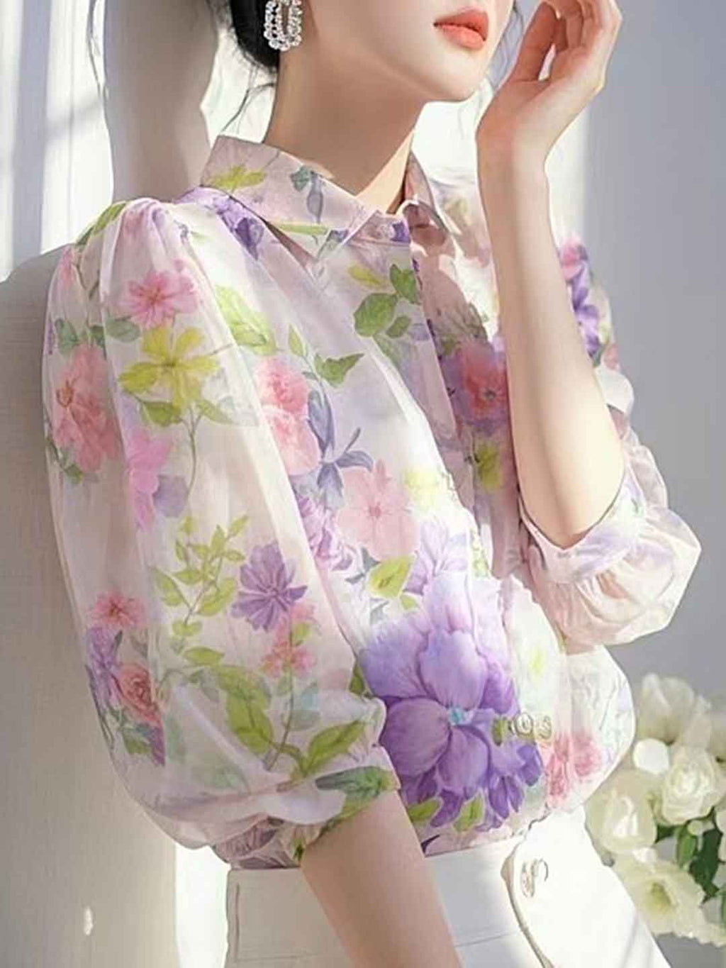 josephine Lapel Floral Printed Chiffon Blouse