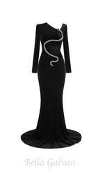 Flowering Girl Women Rhinestone Embellished Floor-Length Dress in black