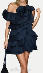 Flowering Girl Women Shelyn Flower One Shoulder Ruffle Mini Dress In Black