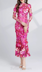 Flowering Girl Women CAROL ROSE RED FLORAL EMBROIDERY MESH LONG SLEEVE MIDI DRESS