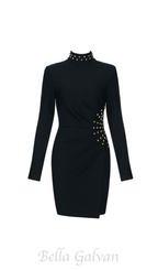 Flowering Girl Women Metal embellished pleated black mini dress