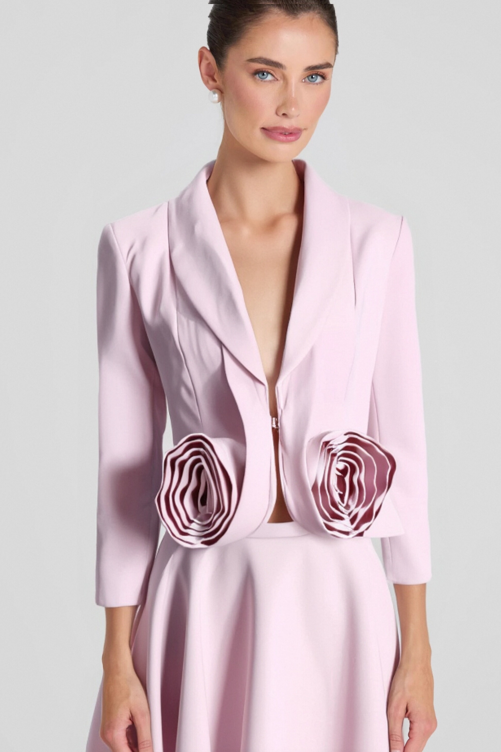 Flowering Girl Women Carol Pink 3D Floral Blazer ＆ High Waist Midi Skirt Set
