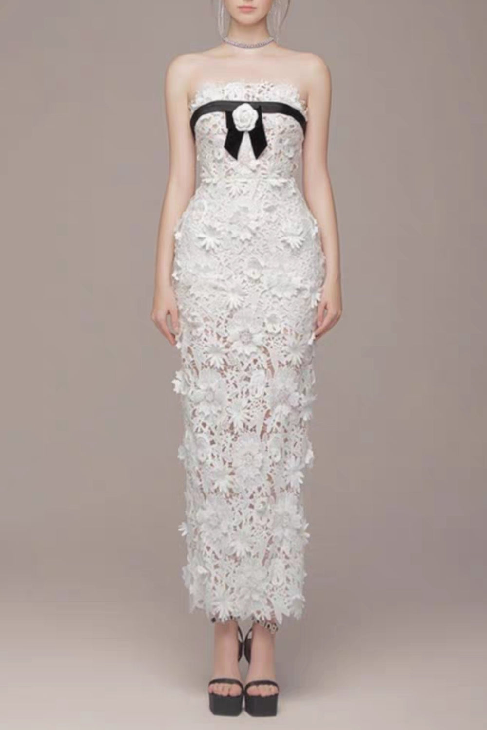 Strapless Flower Embroidery Maxi Dress In White