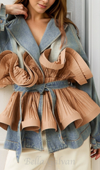 Flowering Girl Women Patchwork Ruffle Denim Tunic Coat