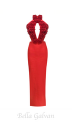 Flowering Girl Women halter 3d flower hollow out backless maxi dress in red