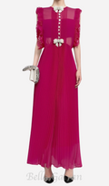 Flowering Girl Women Chiffon Ruffled Maxi Dress in red