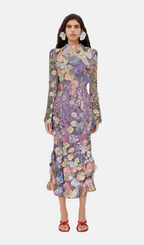Flowering Girl Women LONG SLEEVE EMBROIDERED MIDI DRESS IN PURPLE