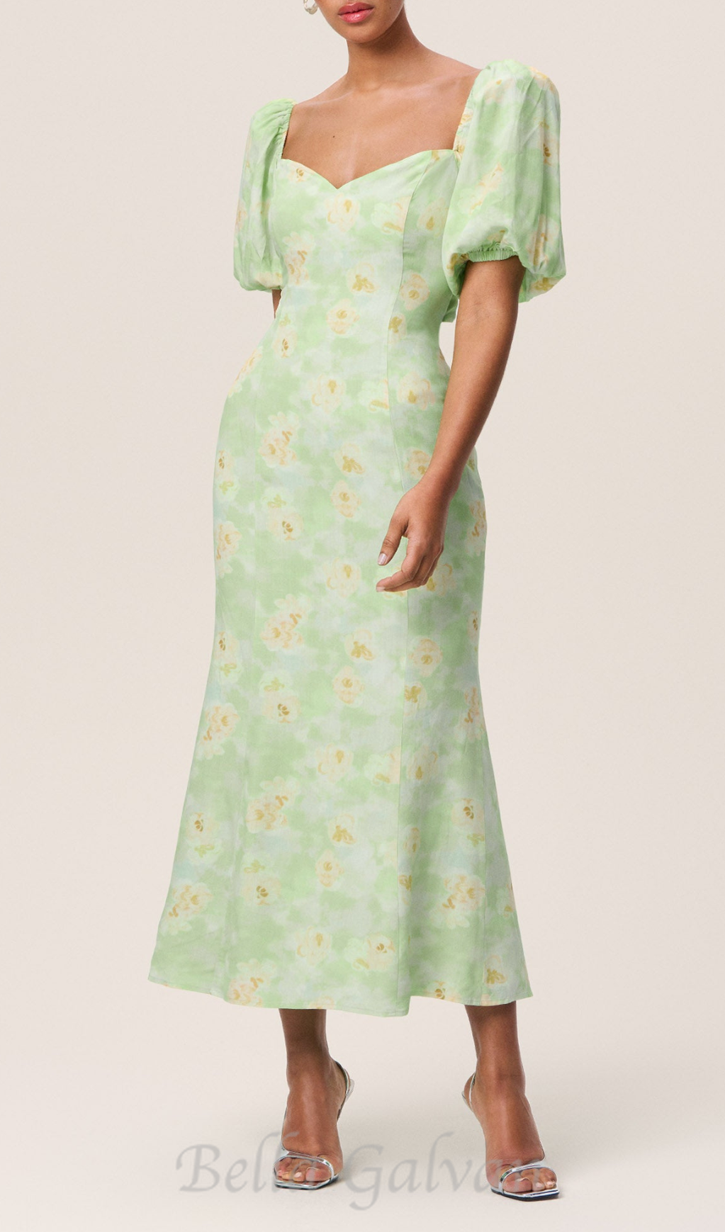 Flowering Girl Women puff sleeve floral square neckline midi dress in green