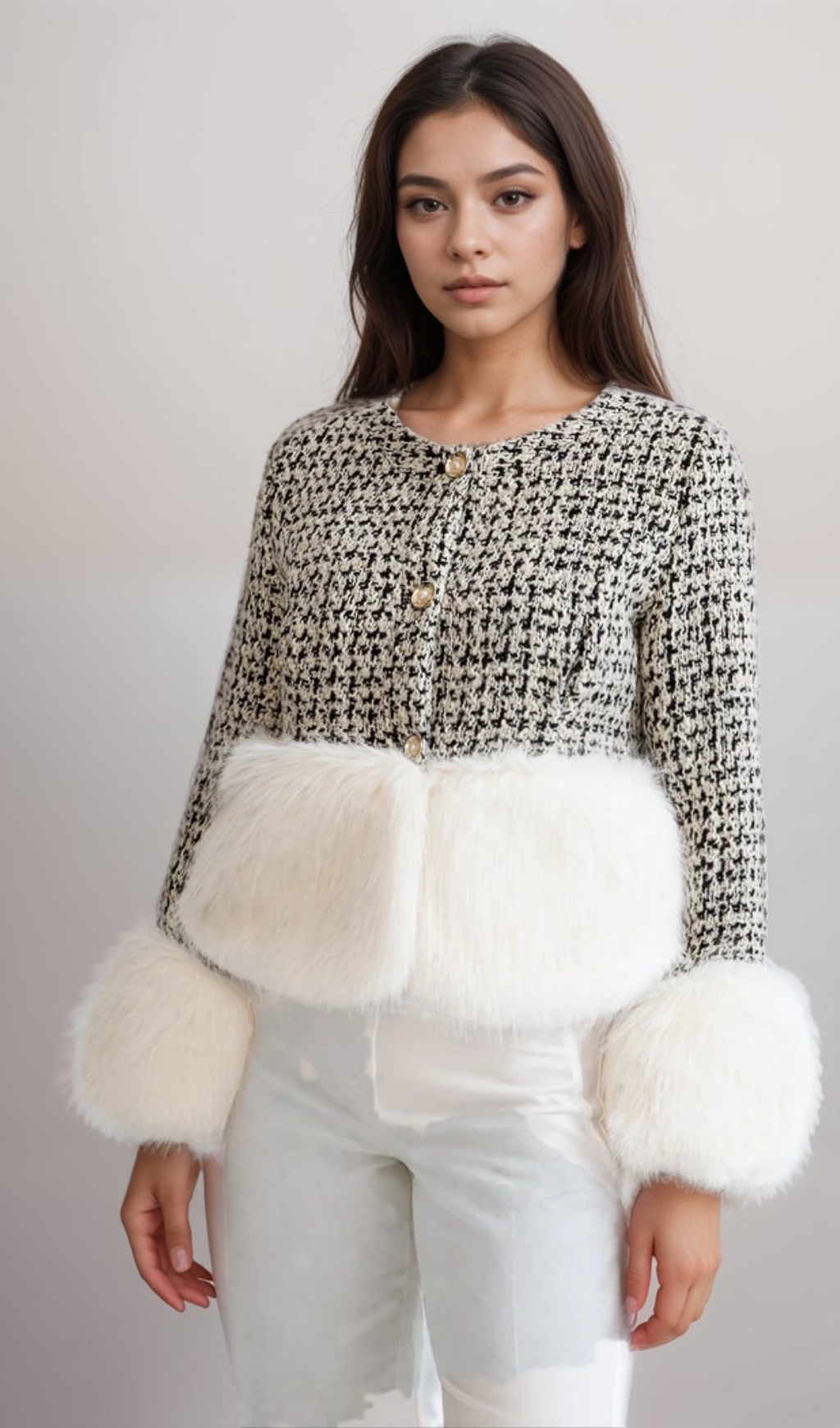 Flowering Girl Women Tweed Jacket withFaux Fur Accents
