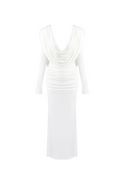 Flowering Girl Women long sleeve draped cowl neck maxi dress in white